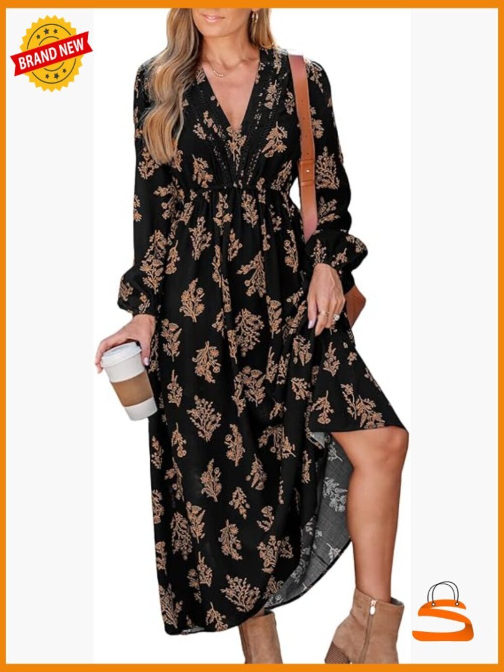 V Neck Puff Sleeve Flowy Maxi Dress Ruffle Hem A Line
